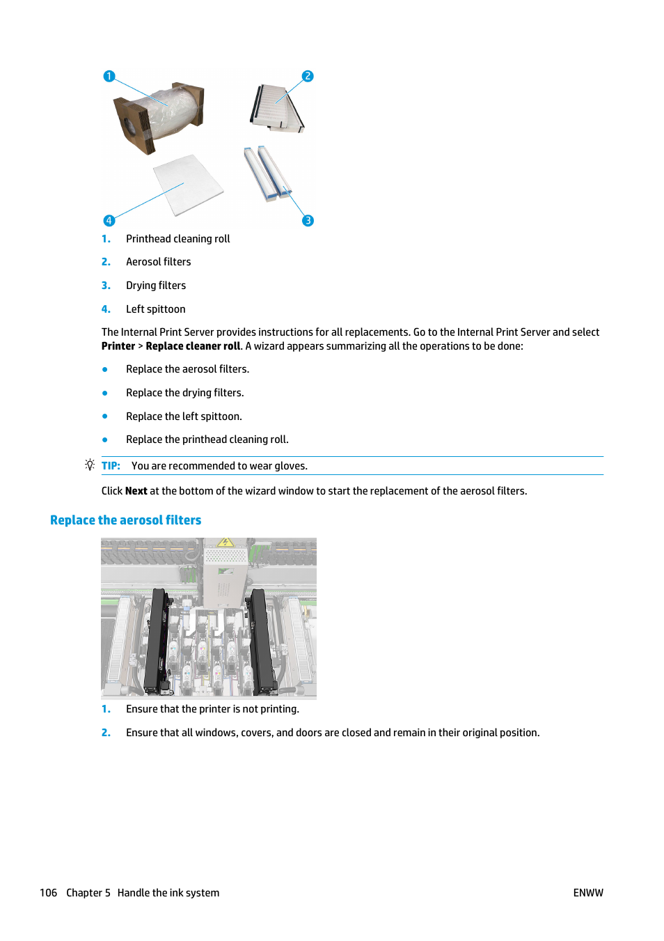 Replace the aerosol filters | HP Latex 3000 Printer User Manual | Page 112 / 312