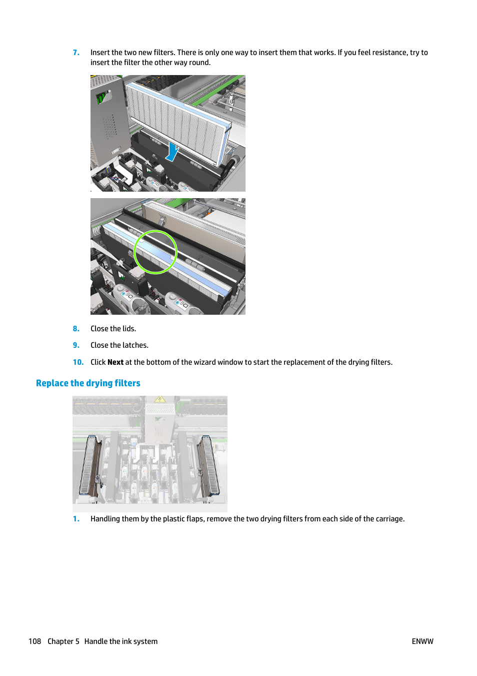 Replace the drying filters | HP Latex 3000 Printer User Manual | Page 114 / 312