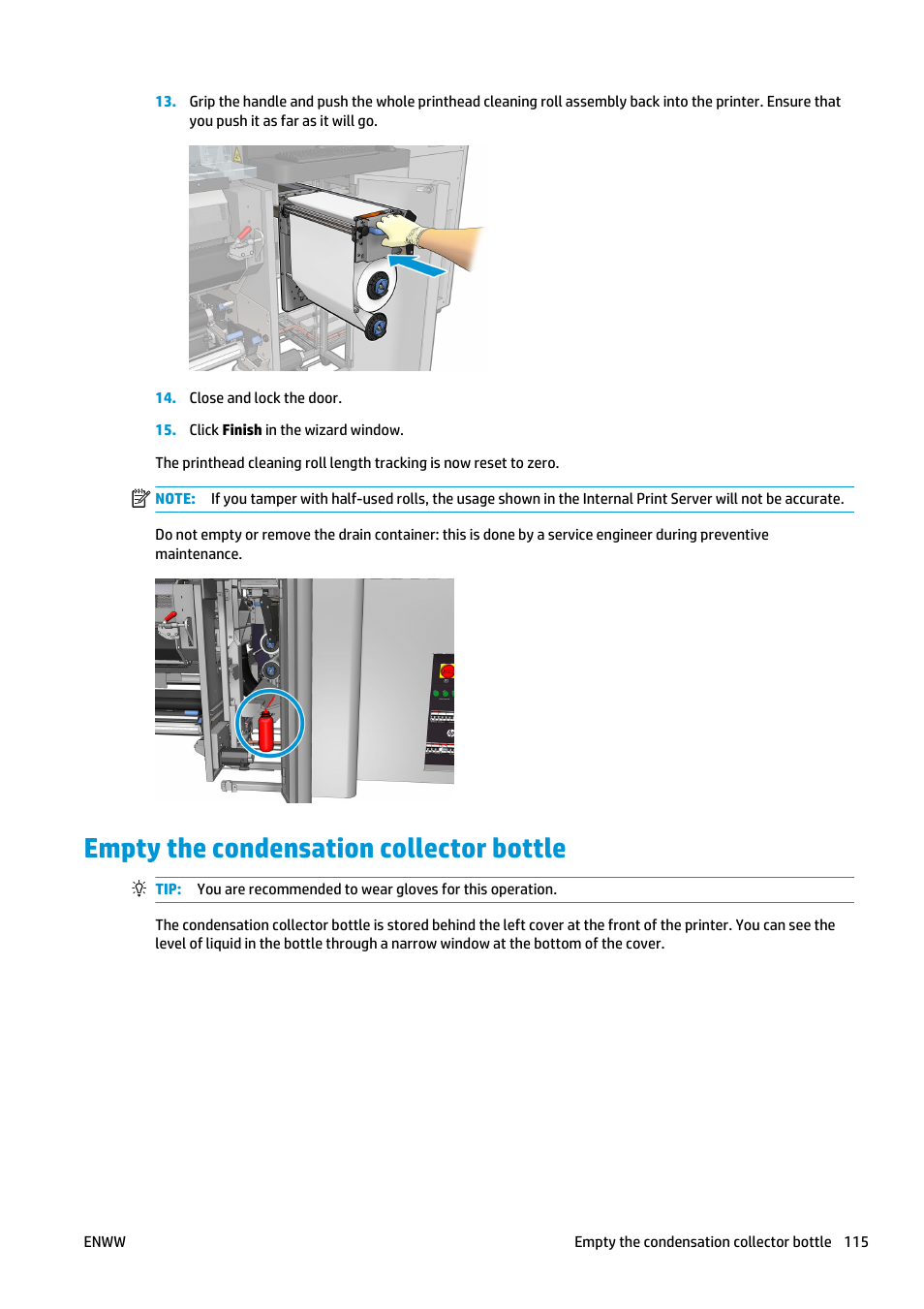 Empty the condensation collector bottle | HP Latex 3000 Printer User Manual | Page 121 / 312