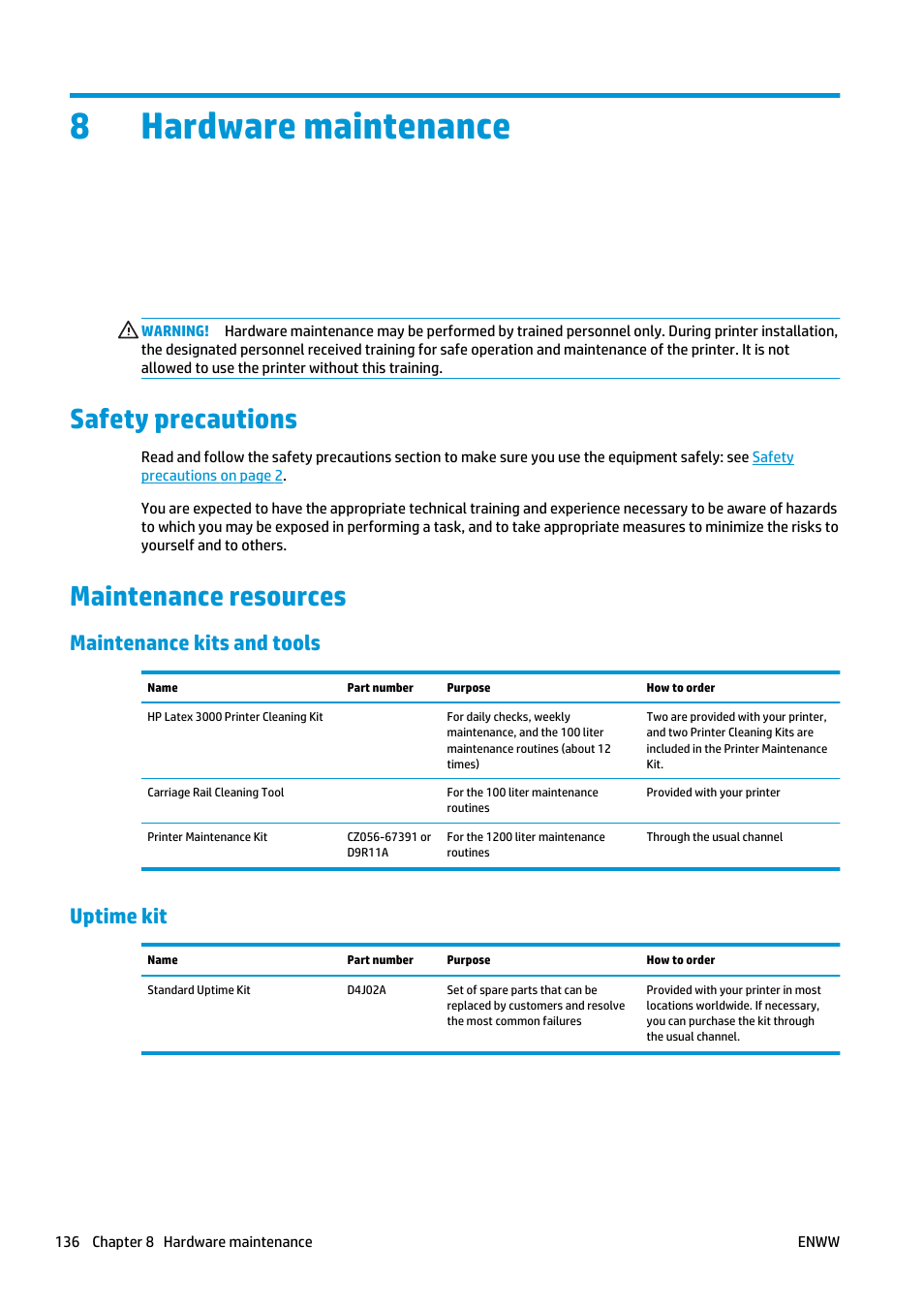 Hardware maintenance, Safety precautions, Maintenance resources | Maintenance kits and tools, Uptime kit, 8 hardware maintenance, Safety precautions maintenance resources, 8hardware maintenance | HP Latex 3000 Printer User Manual | Page 142 / 312