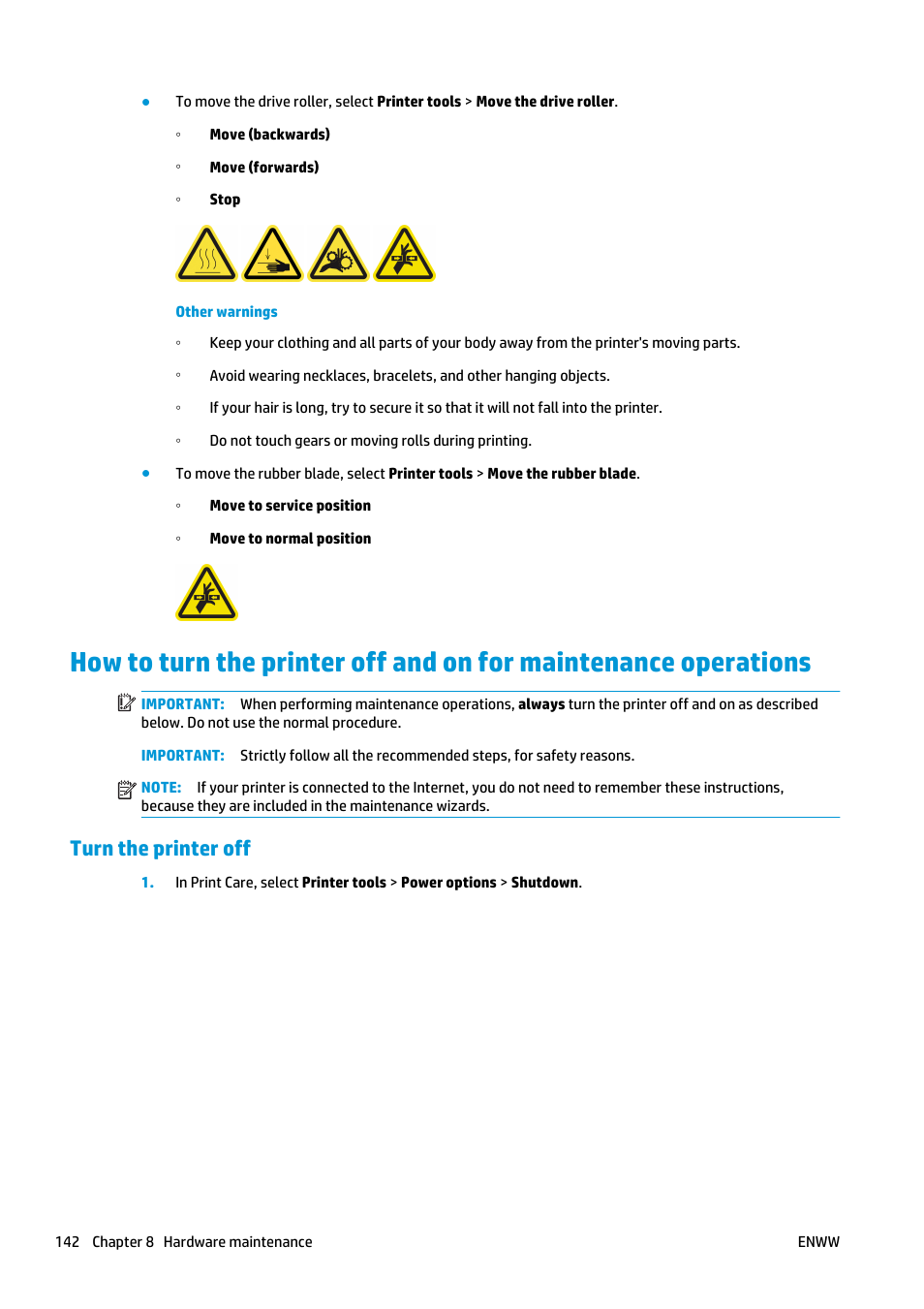 Turn the printer off | HP Latex 3000 Printer User Manual | Page 148 / 312