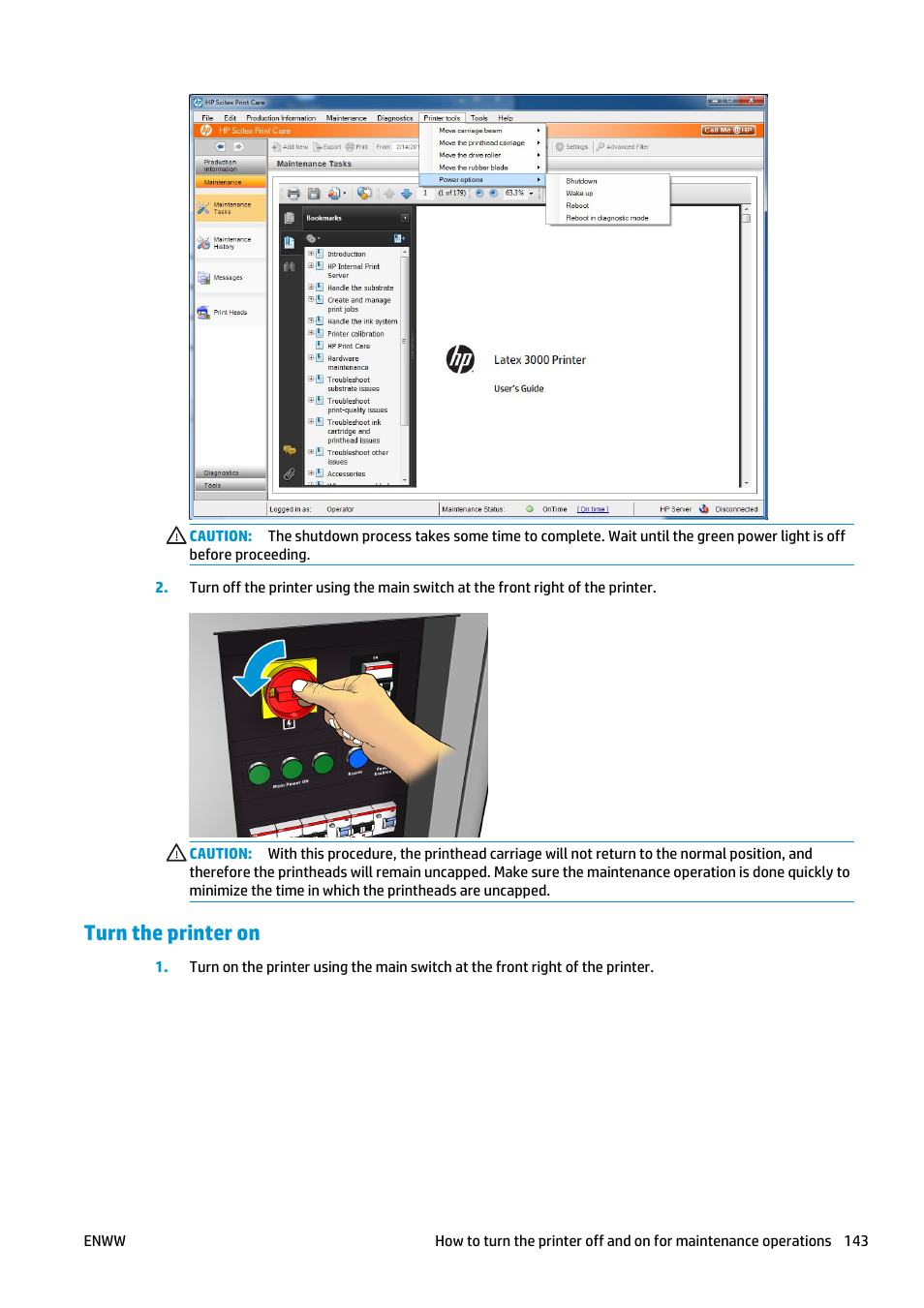 Turn the printer on | HP Latex 3000 Printer User Manual | Page 149 / 312