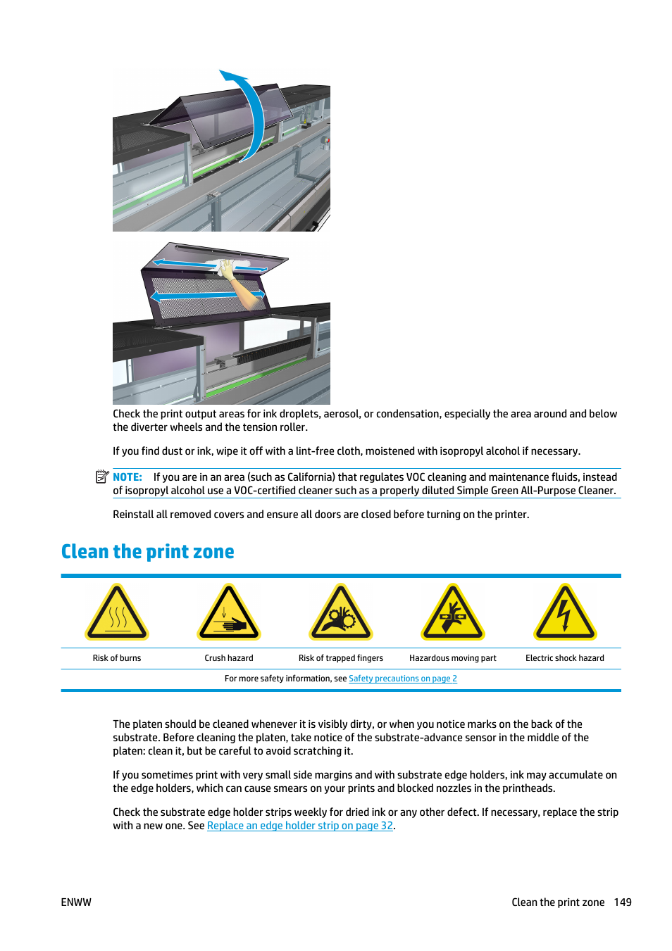 Clean the print zone | HP Latex 3000 Printer User Manual | Page 155 / 312