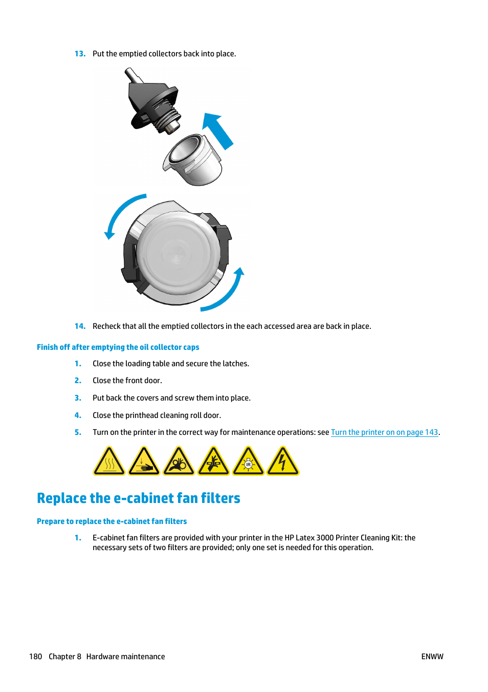 Replace the e-cabinet fan filters, Fan filters replacement (see | HP Latex 3000 Printer User Manual | Page 186 / 312