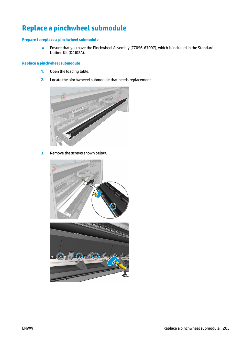 Replace a pinchwheel submodule | HP Latex 3000 Printer User Manual | Page 211 / 312