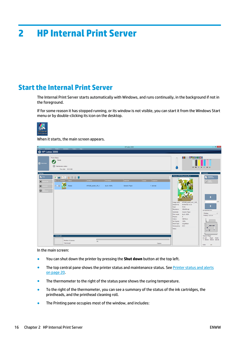Hp internal print server, Start the internal print server, 2 hp internal print server | 2hp internal print server | HP Latex 3000 Printer User Manual | Page 22 / 312