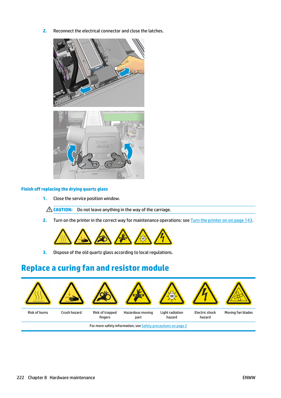 Replace a curing fan and resistor module | HP Latex 3000 Printer User Manual | Page 228 / 312