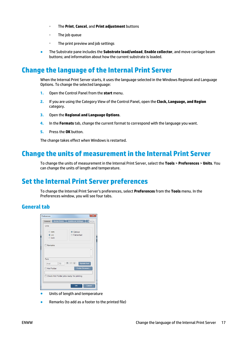 Change the language of the internal print server, Set the internal print server preferences, General tab | HP Latex 3000 Printer User Manual | Page 23 / 312