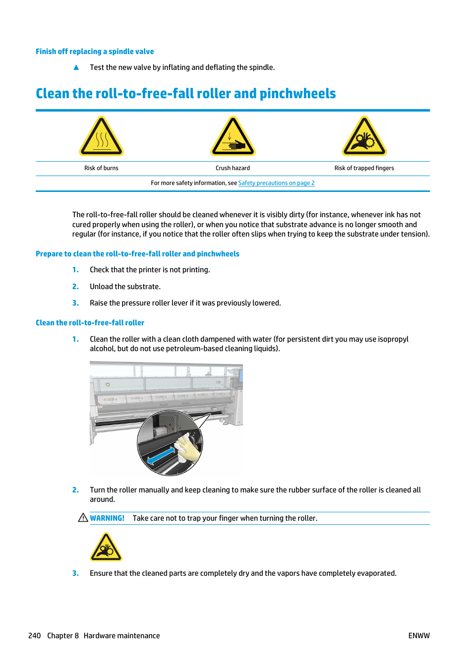 Clean the roll-to-free-fall roller and pinchwheels | HP Latex 3000 Printer User Manual | Page 246 / 312