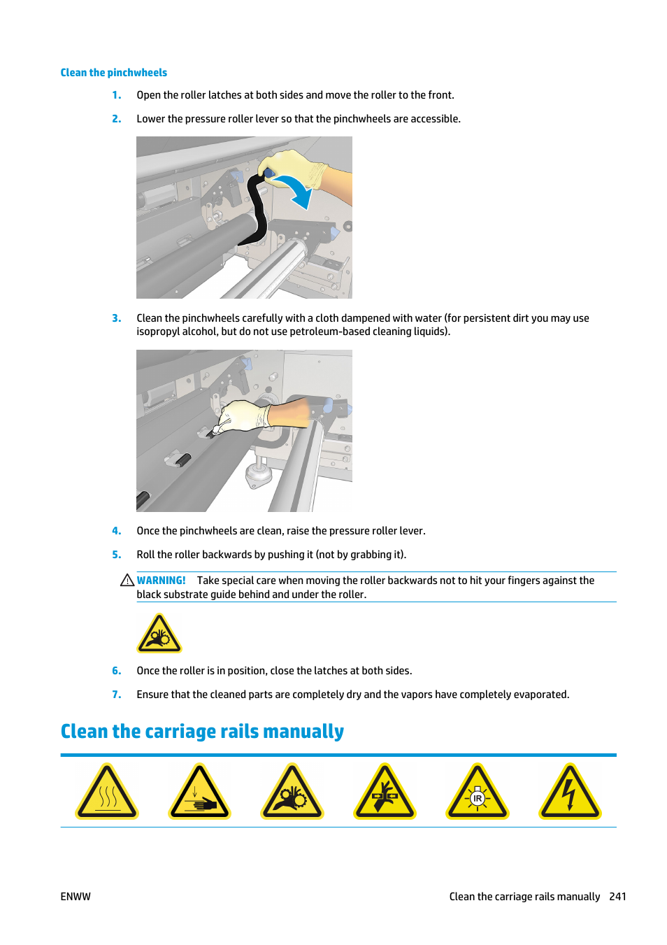 Clean the carriage rails manually, Clean the carriage | HP Latex 3000 Printer User Manual | Page 247 / 312