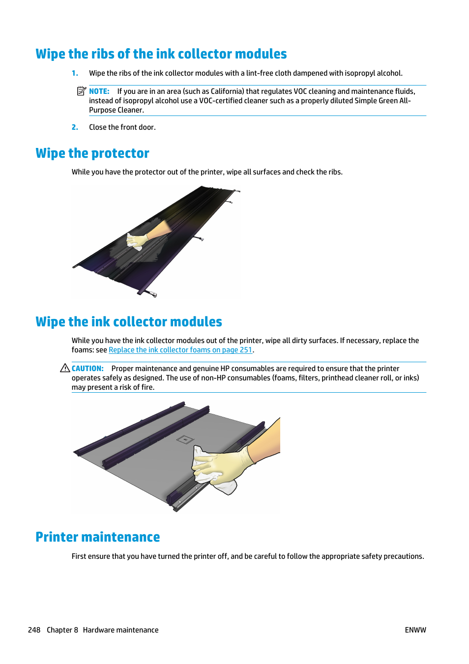 Wipe the ribs of the ink collector modules, Wipe the protector, Wipe the ink collector modules | Printer maintenance | HP Latex 3000 Printer User Manual | Page 254 / 312