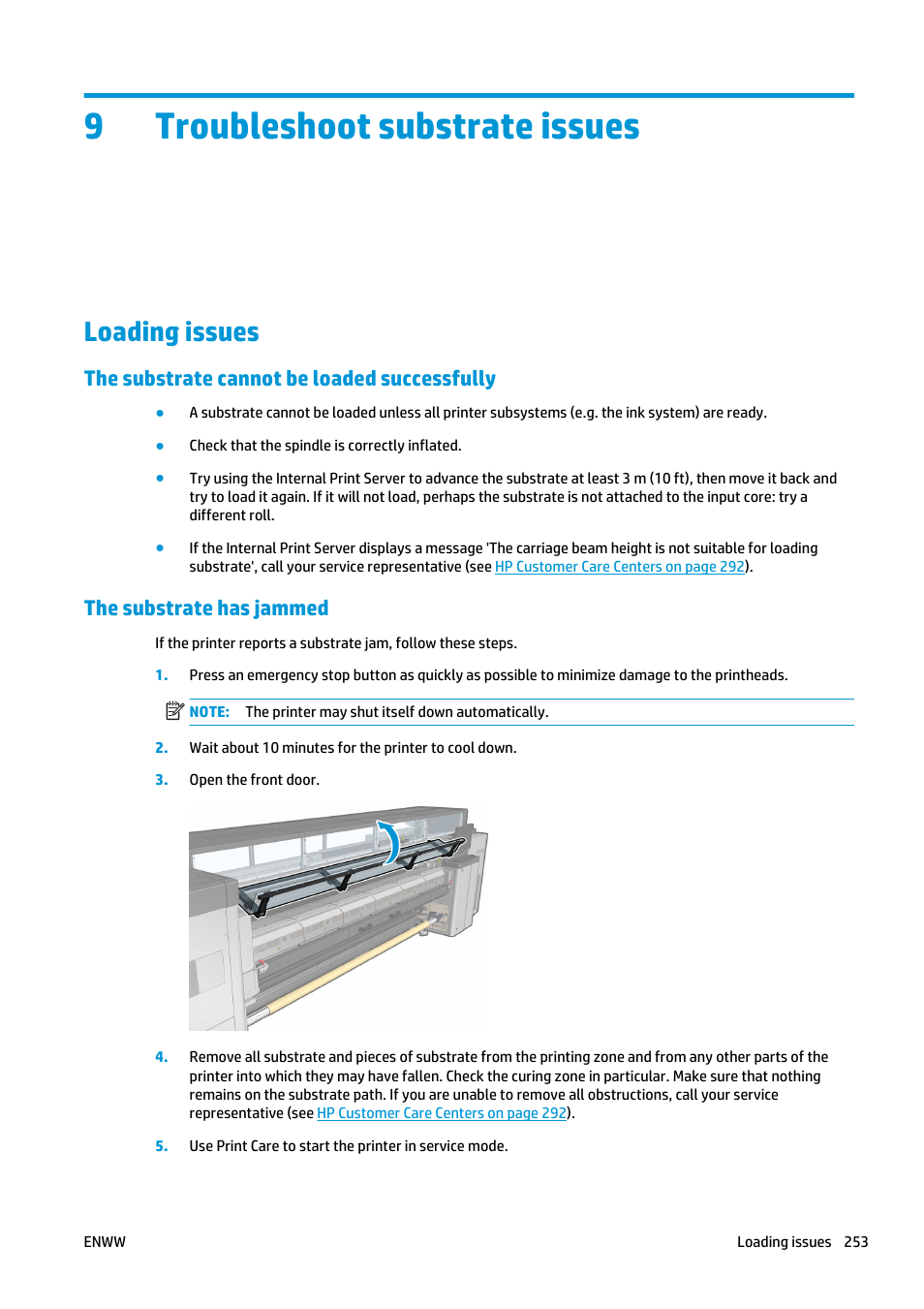 Troubleshoot substrate issues, Loading issues, The substrate cannot be loaded successfully | The substrate has jammed, 9 troubleshoot substrate issues, Troubleshoot, 9troubleshoot substrate issues | HP Latex 3000 Printer User Manual | Page 259 / 312