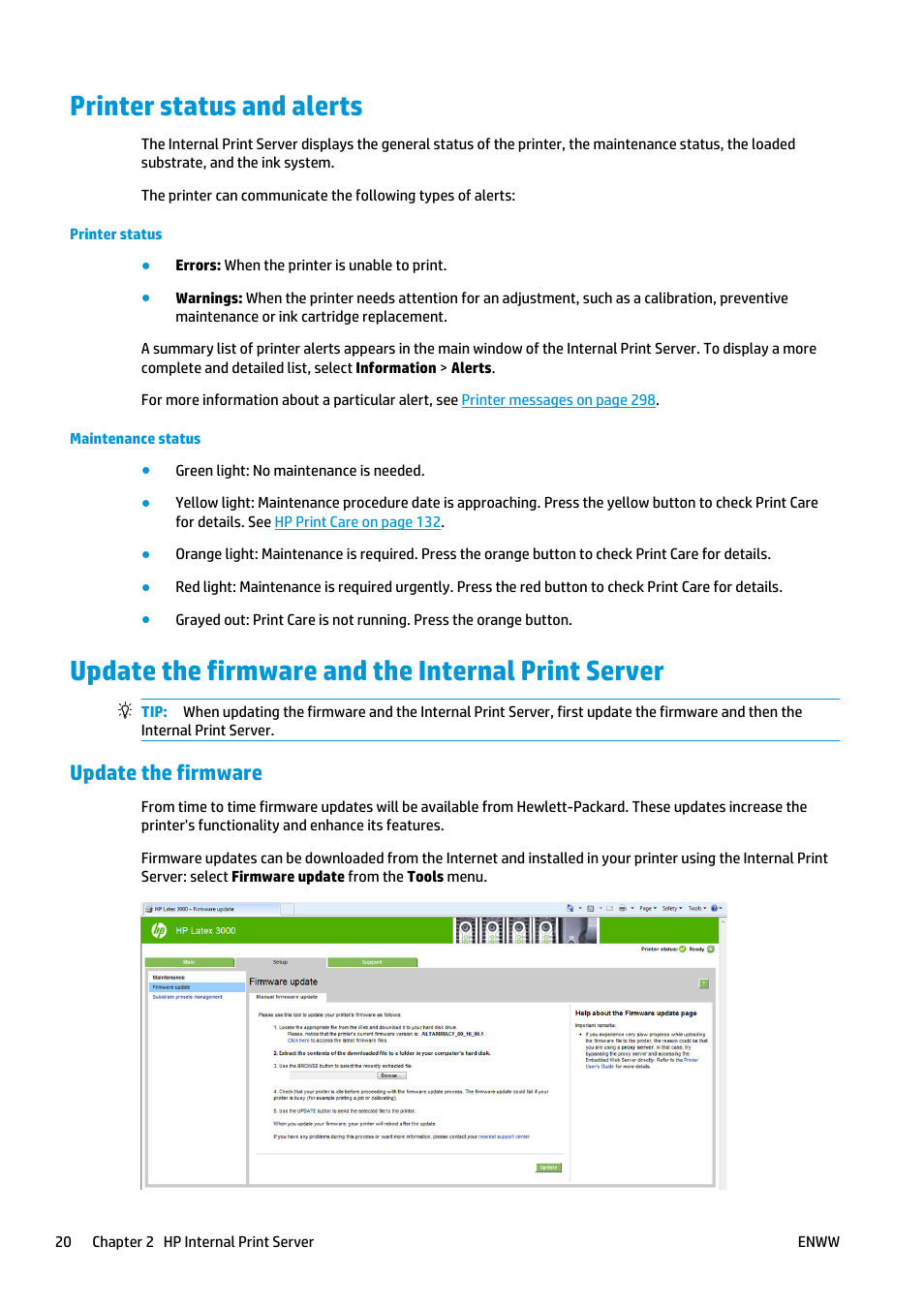 Printer status and alerts, Update the firmware and the internal print server, Update the firmware | HP Latex 3000 Printer User Manual | Page 26 / 312