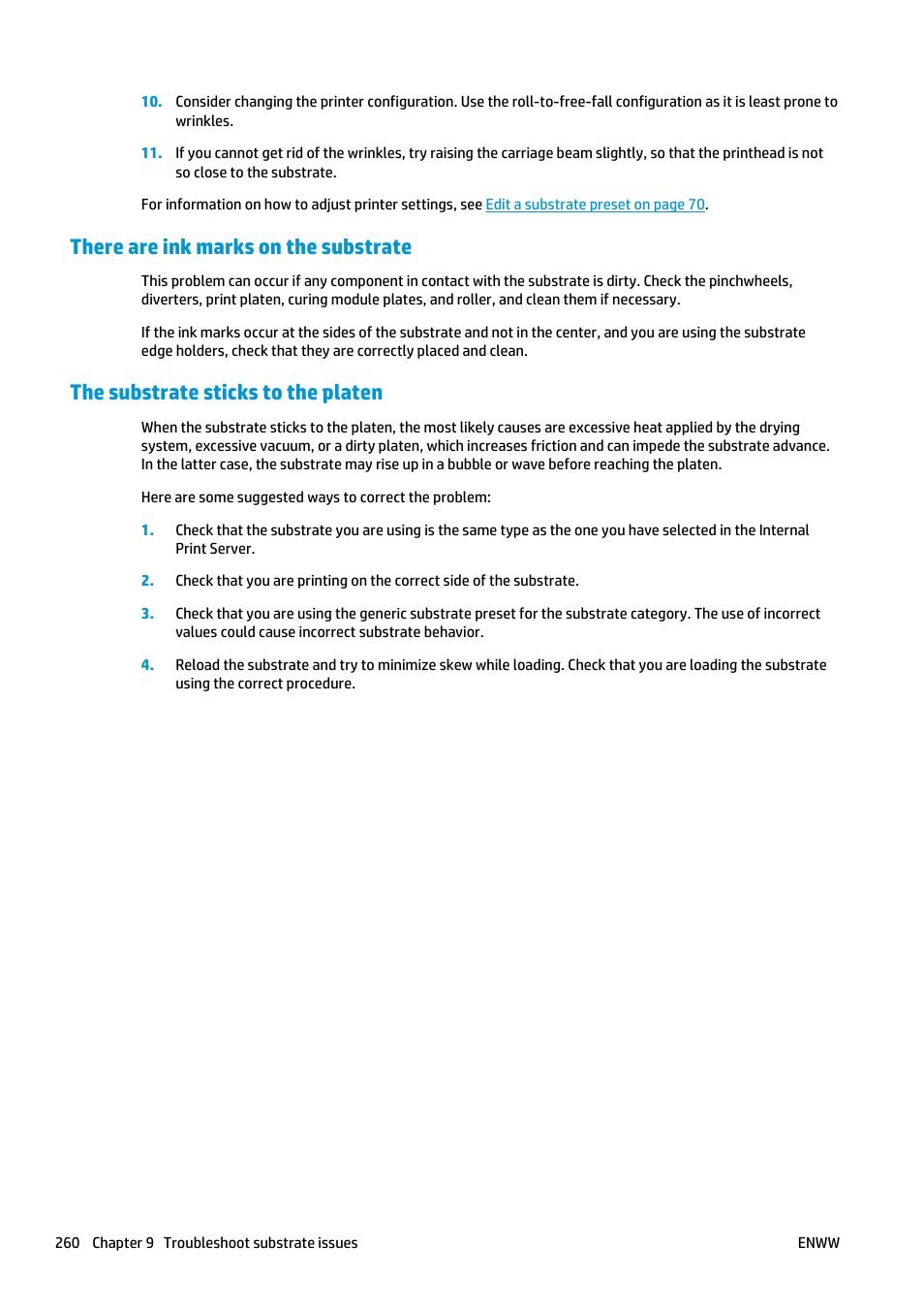 There are ink marks on the substrate, The substrate sticks to the platen | HP Latex 3000 Printer User Manual | Page 266 / 312