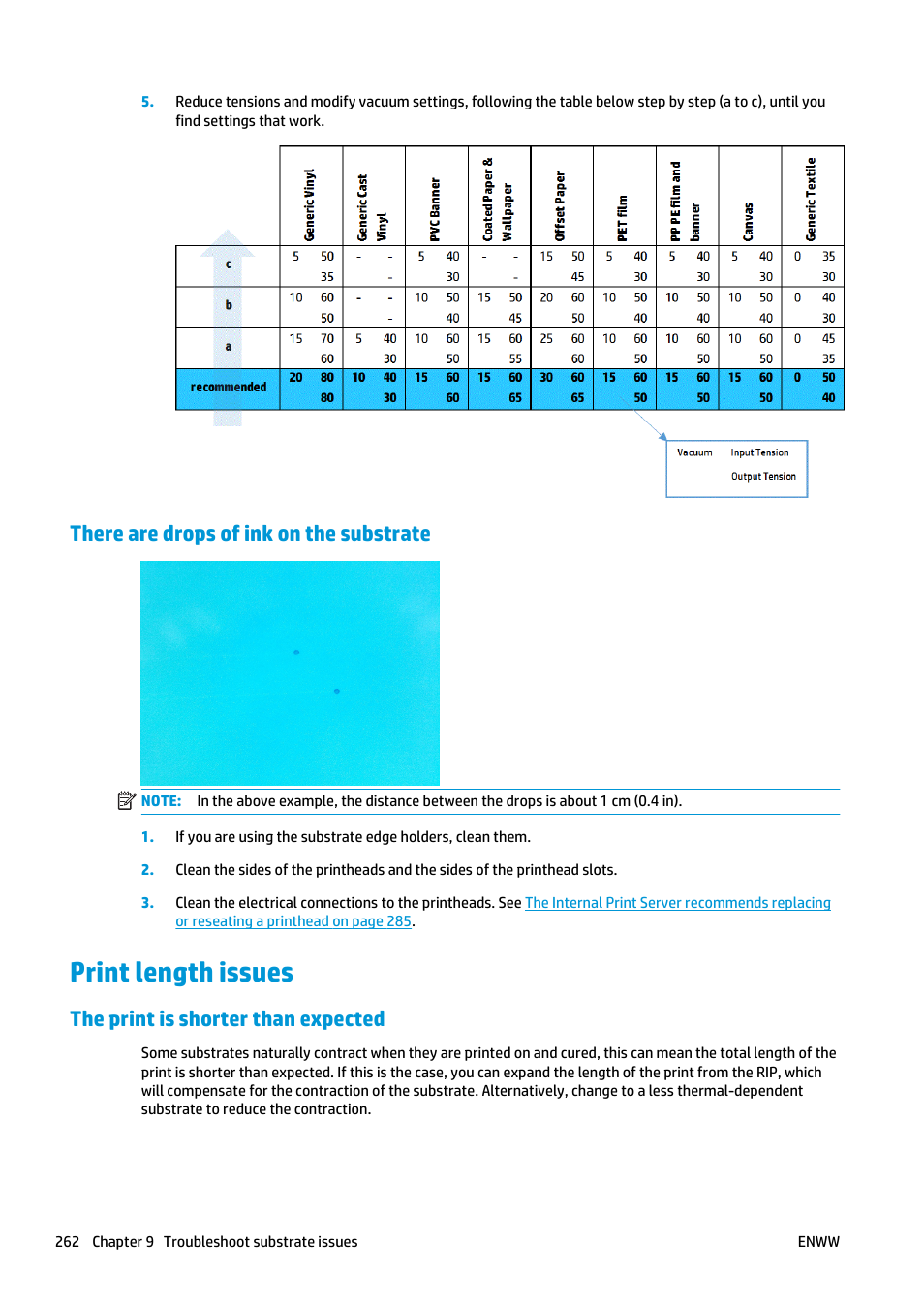 There are drops of ink on the substrate, Print length issues, The print is shorter than expected | HP Latex 3000 Printer User Manual | Page 268 / 312