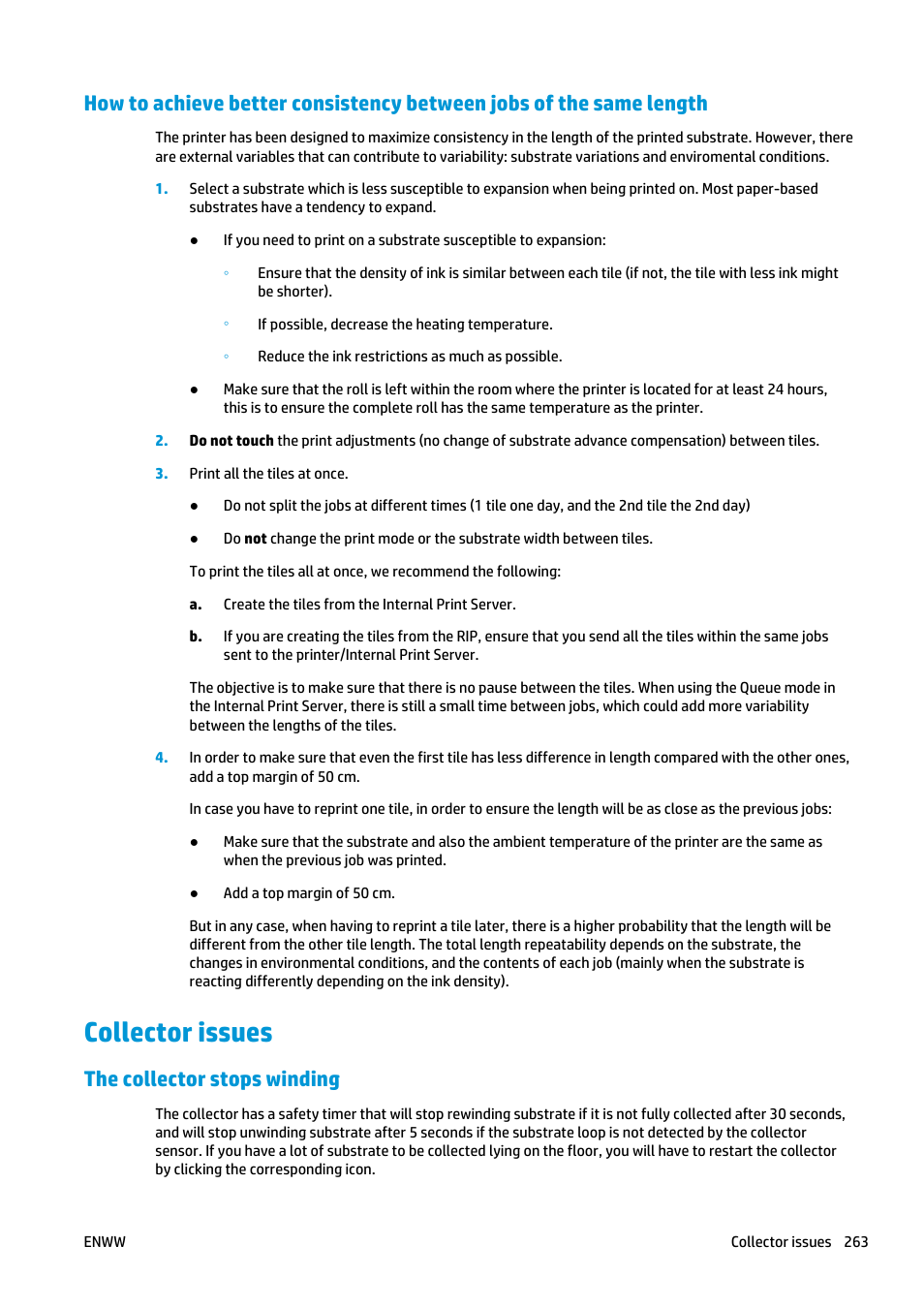 Collector issues, The collector stops winding | HP Latex 3000 Printer User Manual | Page 269 / 312