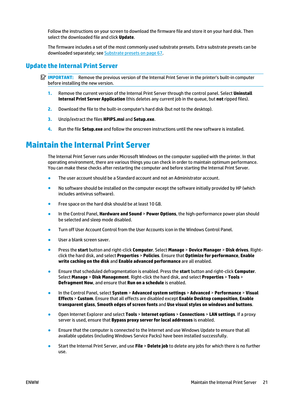 Update the internal print server, Maintain the internal print server | HP Latex 3000 Printer User Manual | Page 27 / 312