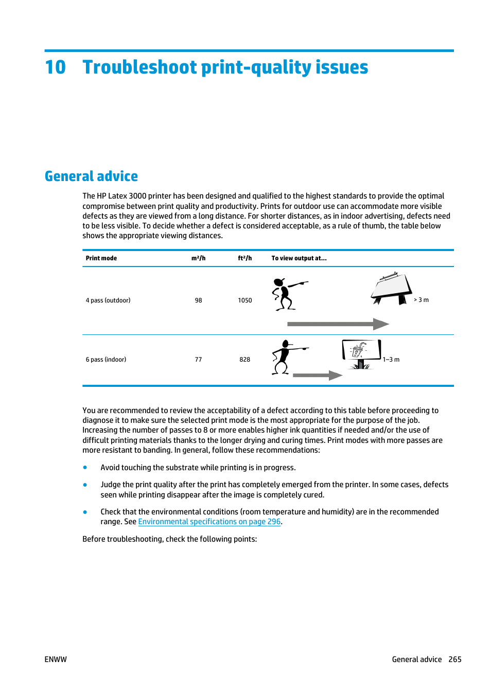 Troubleshoot print-quality issues, General advice, 10 troubleshoot print-quality issues | For steps to determine whether substrate-advance | HP Latex 3000 Printer User Manual | Page 271 / 312