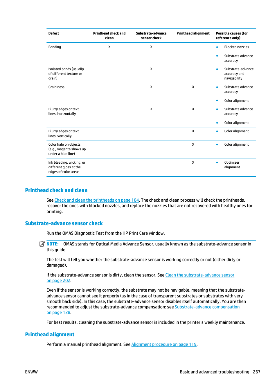 Printhead check and clean, Substrate-advance sensor check, Printhead alignment | HP Latex 3000 Printer User Manual | Page 273 / 312