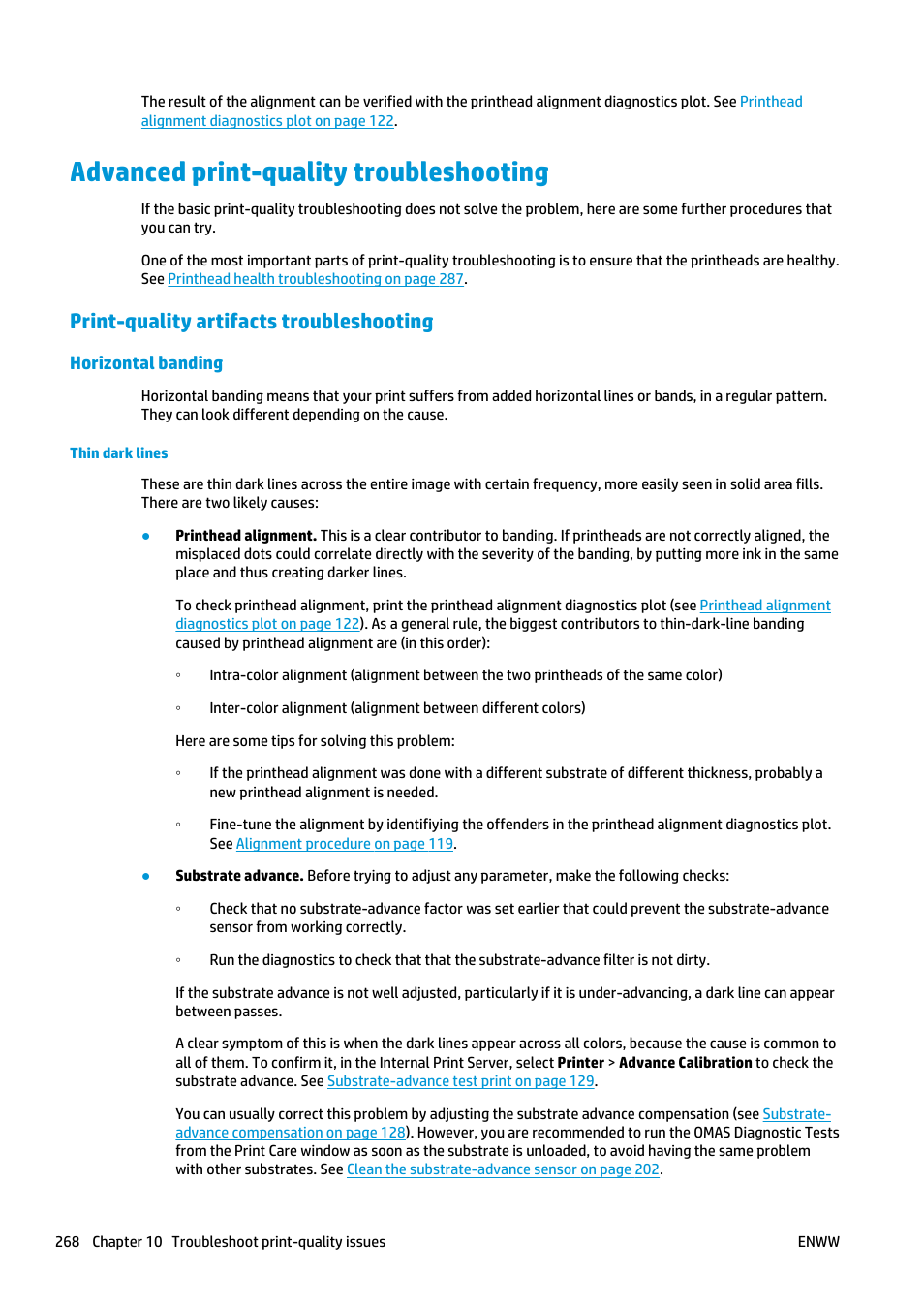 Advanced print-quality troubleshooting, Print-quality artifacts troubleshooting, Horizontal banding | Thin dark lines | HP Latex 3000 Printer User Manual | Page 274 / 312