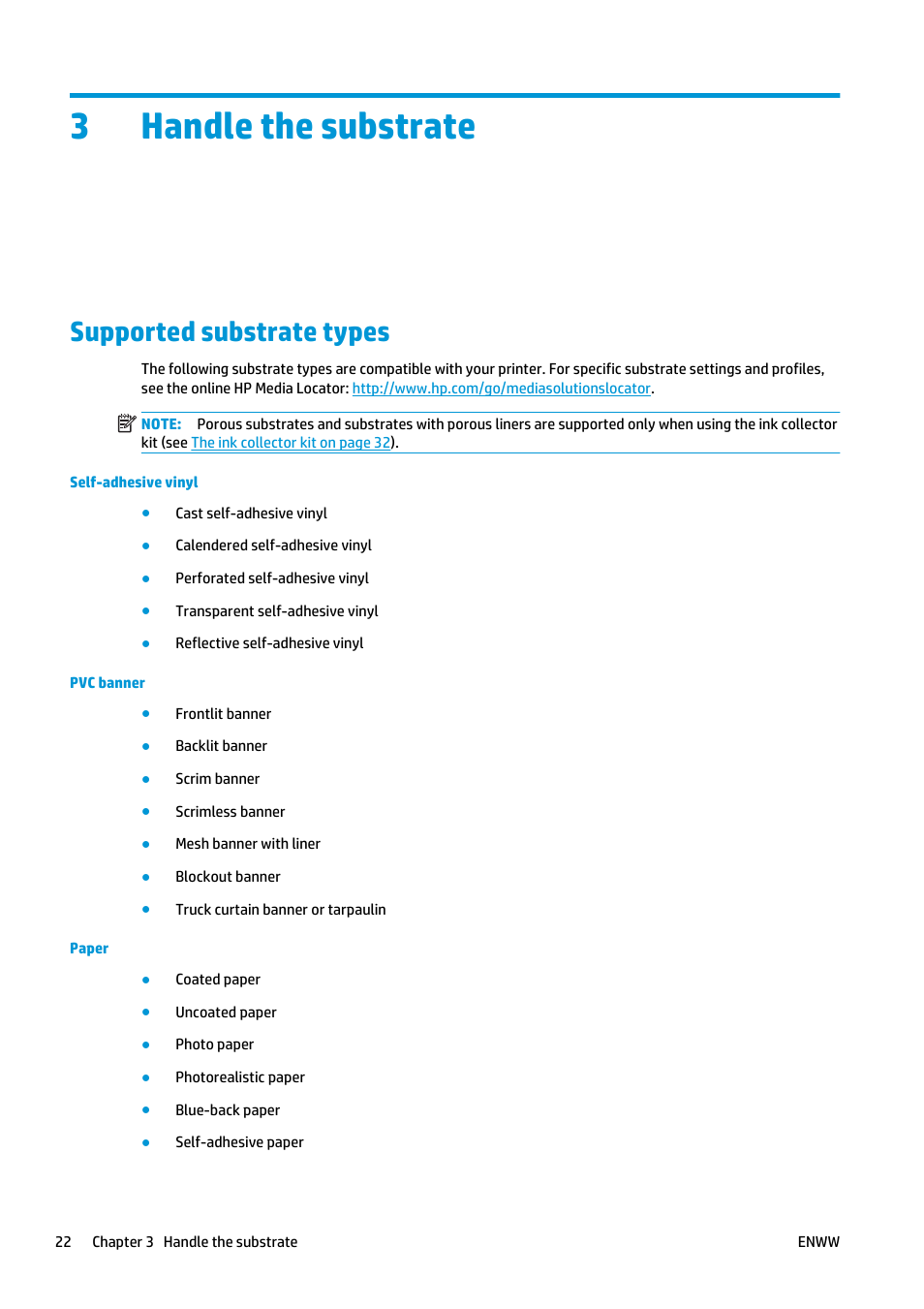 Handle the substrate, Supported substrate types, 3 handle the substrate | 3handle the substrate | HP Latex 3000 Printer User Manual | Page 28 / 312