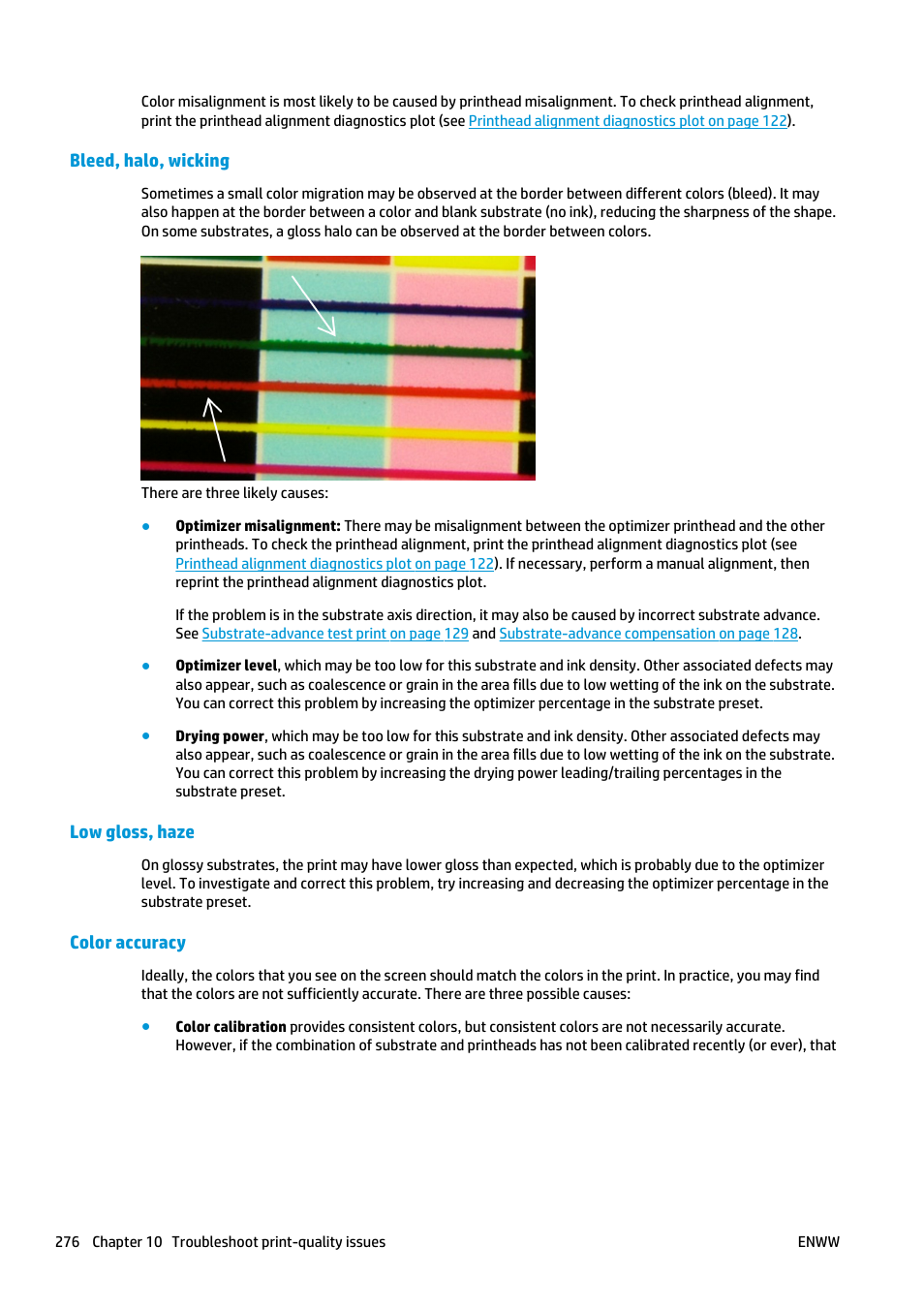 Bleed, halo, wicking, Low gloss, haze, Color accuracy | HP Latex 3000 Printer User Manual | Page 282 / 312