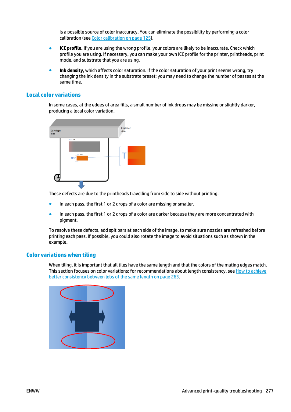Local color variations, Color variations when tiling | HP Latex 3000 Printer User Manual | Page 283 / 312