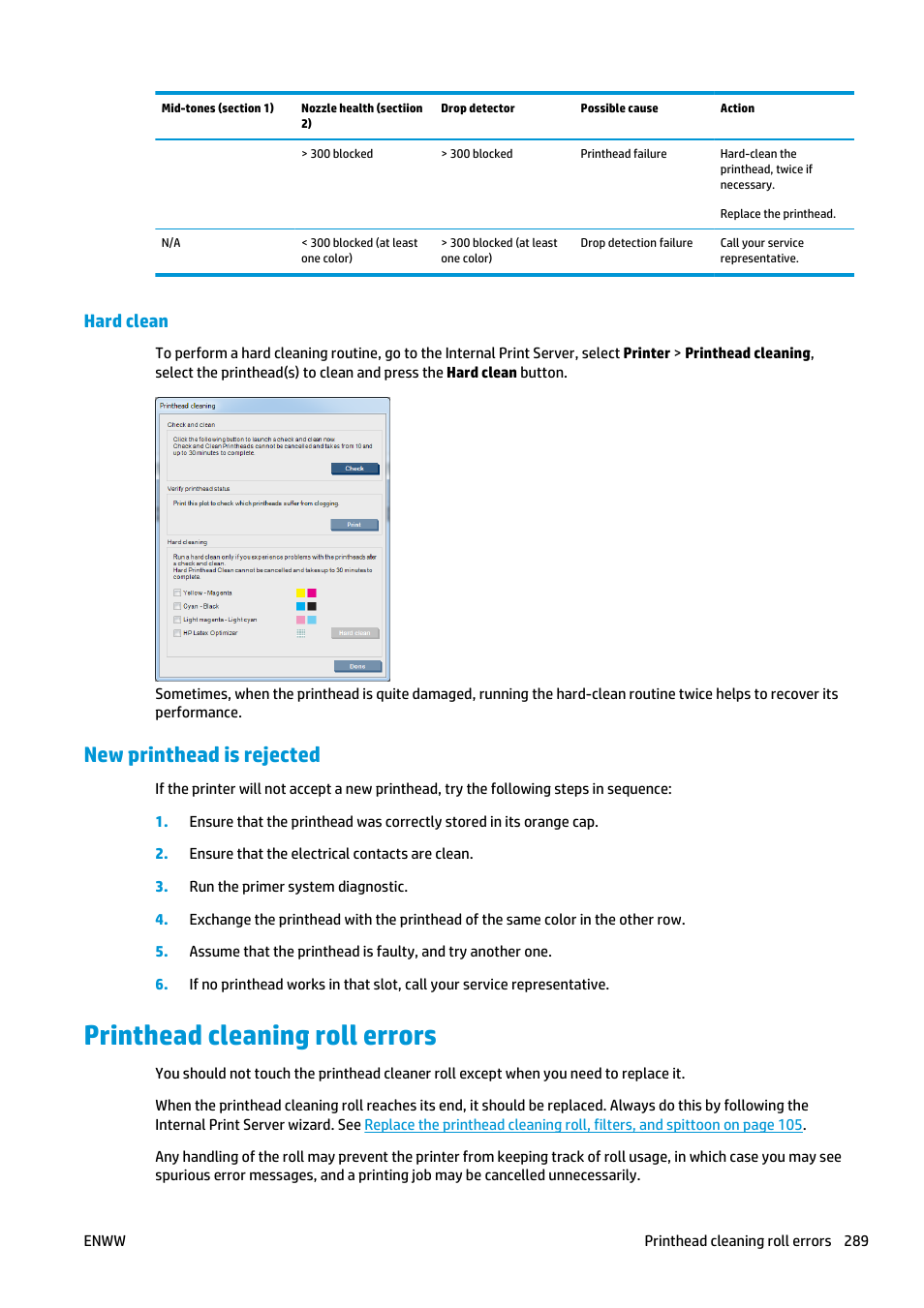 Hard clean, New printhead is rejected, Printhead cleaning roll errors | HP Latex 3000 Printer User Manual | Page 295 / 312
