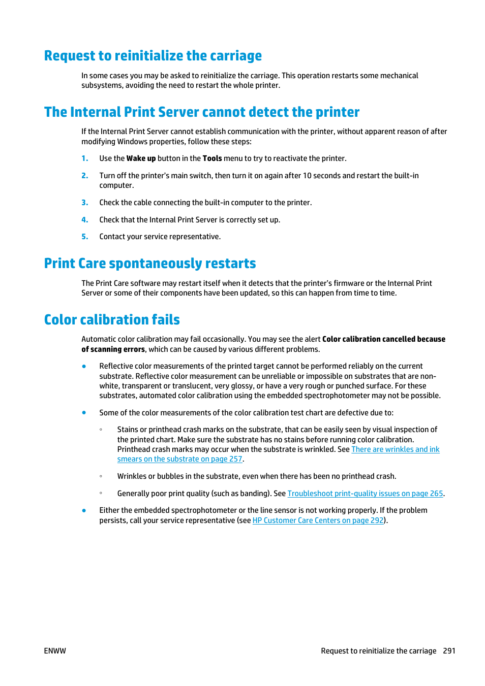 Request to reinitialize the carriage, Print care spontaneously restarts, Color calibration fails | Color | HP Latex 3000 Printer User Manual | Page 297 / 312