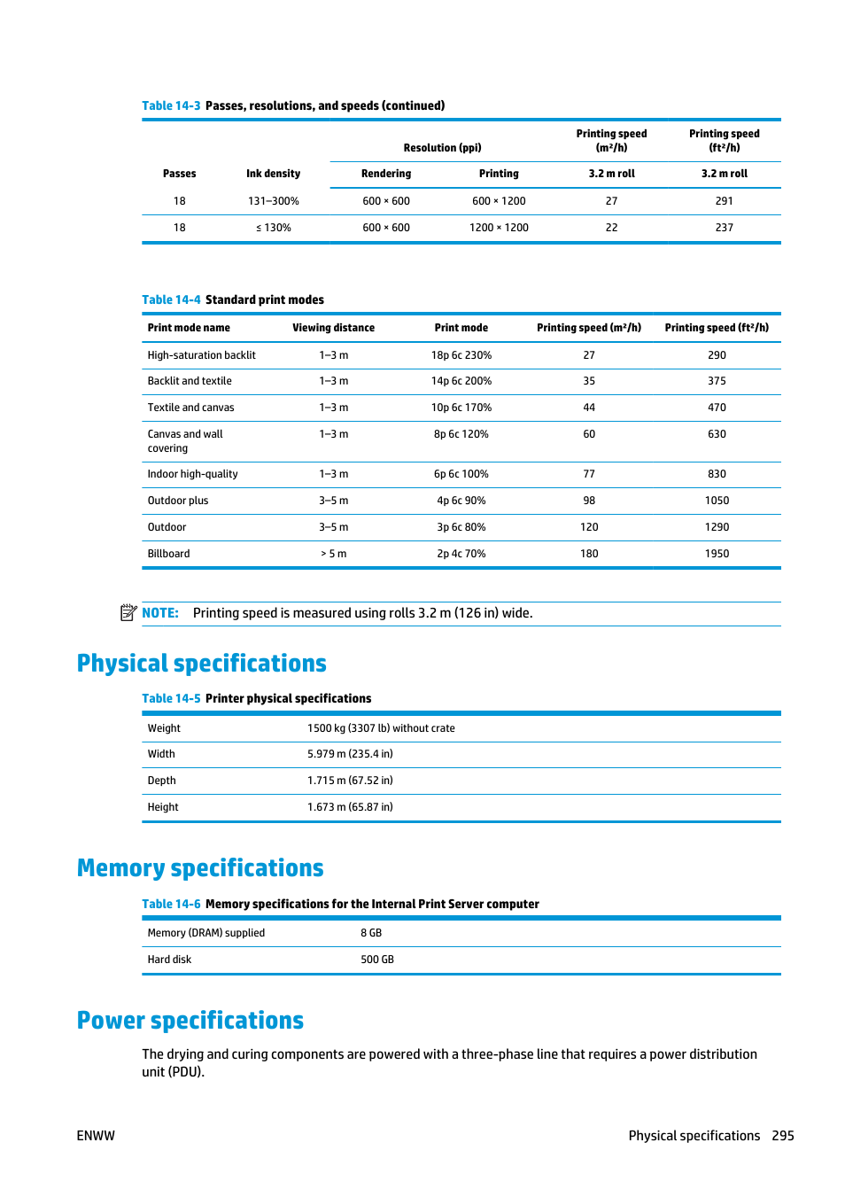 Physical specifications, Memory specifications, Power specifications | HP Latex 3000 Printer User Manual | Page 301 / 312