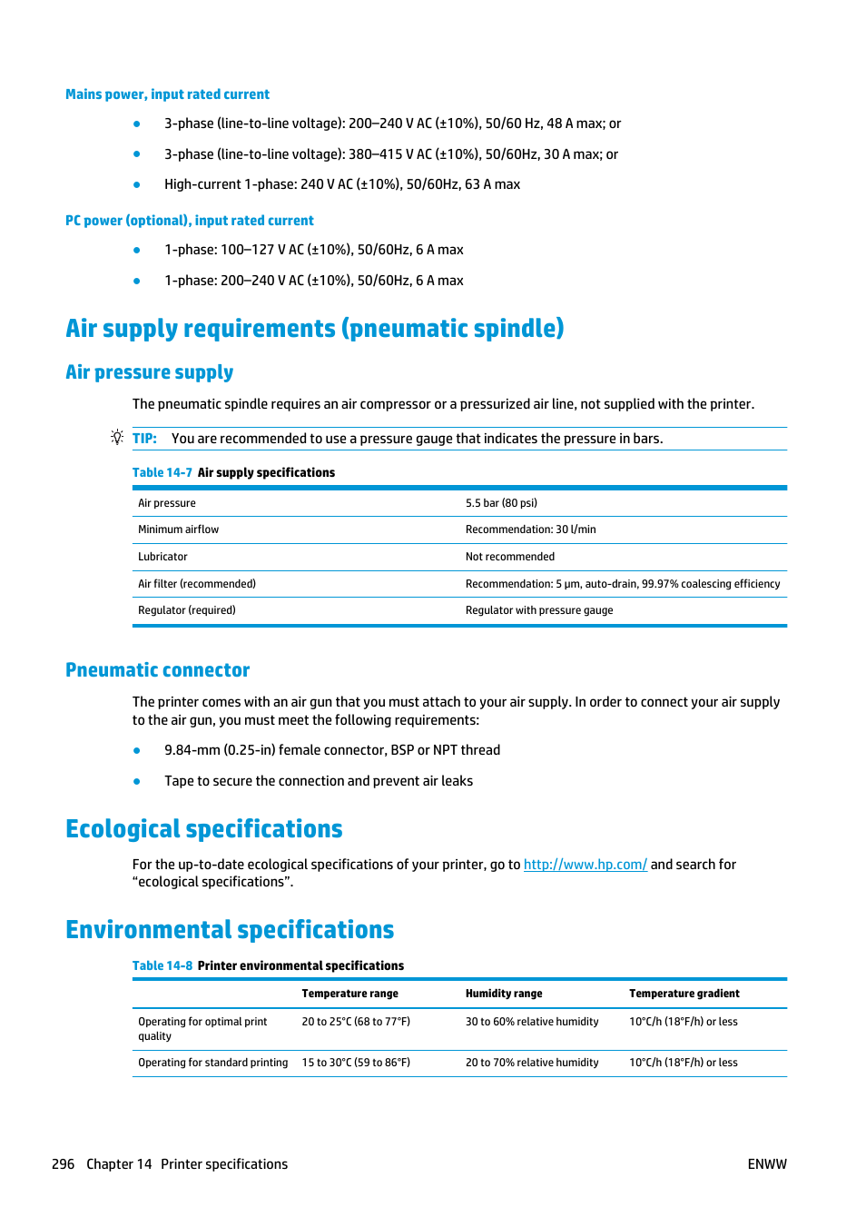 Air supply requirements (pneumatic spindle), Air pressure supply, Pneumatic connector | Ecological specifications, Environmental specifications | HP Latex 3000 Printer User Manual | Page 302 / 312