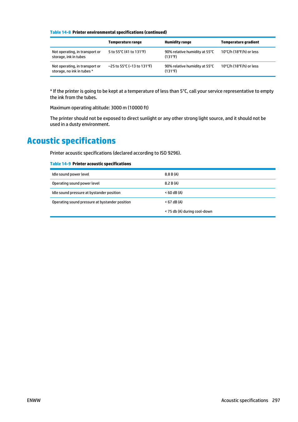 Acoustic specifications | HP Latex 3000 Printer User Manual | Page 303 / 312