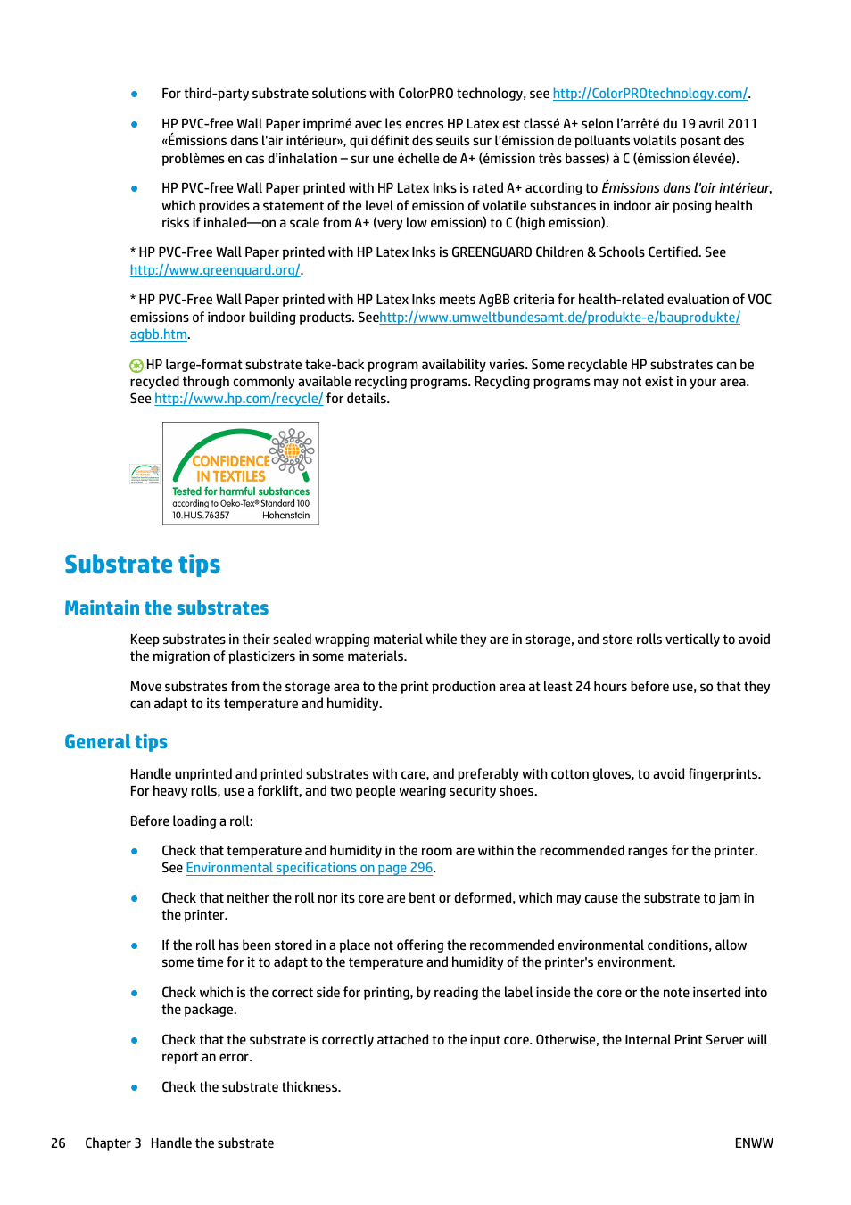 Substrate tips, Maintain the substrates, General tips | HP Latex 3000 Printer User Manual | Page 32 / 312