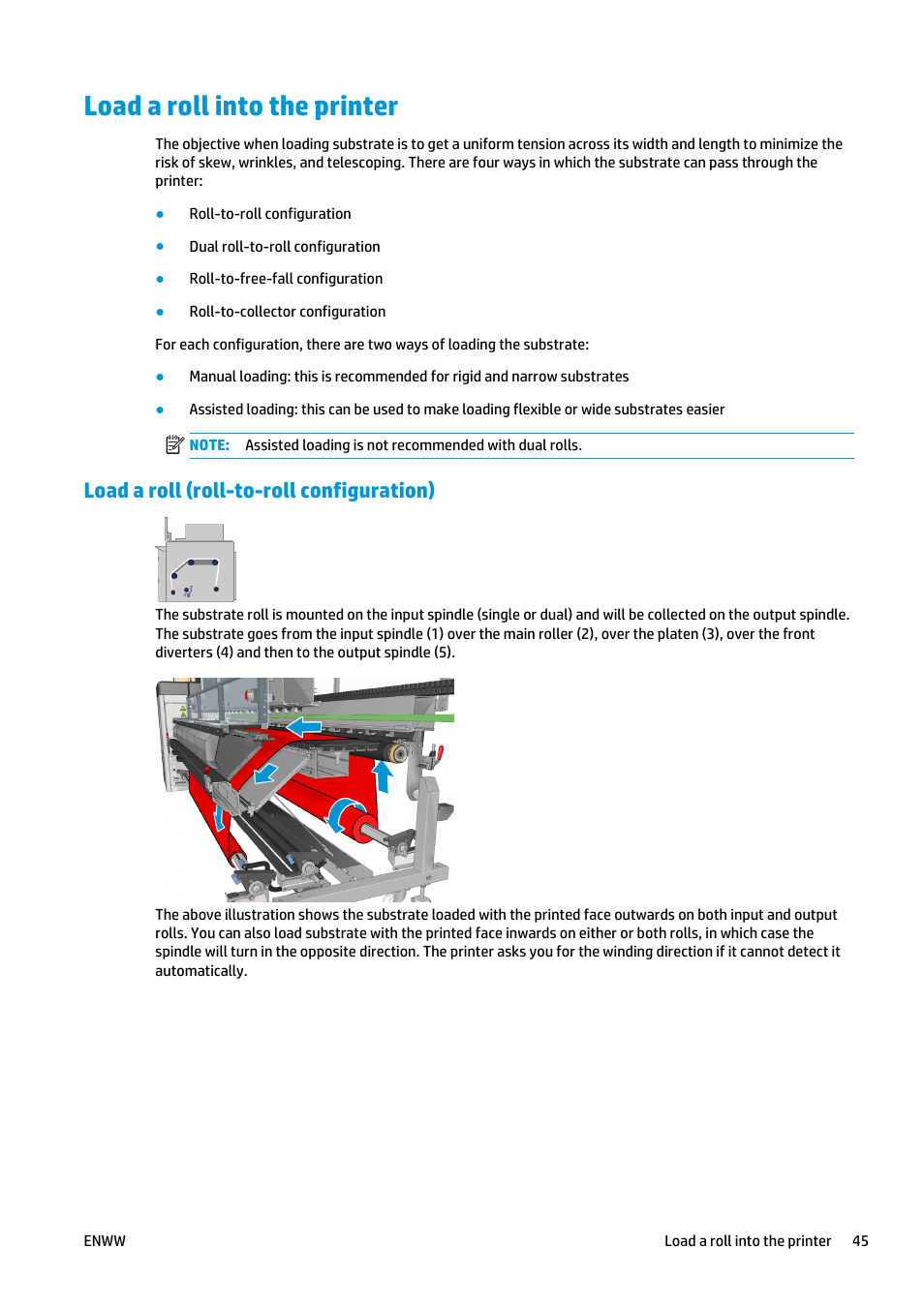 Load a roll into the printer, Load a roll (roll-to-roll configuration) | HP Latex 3000 Printer User Manual | Page 51 / 312