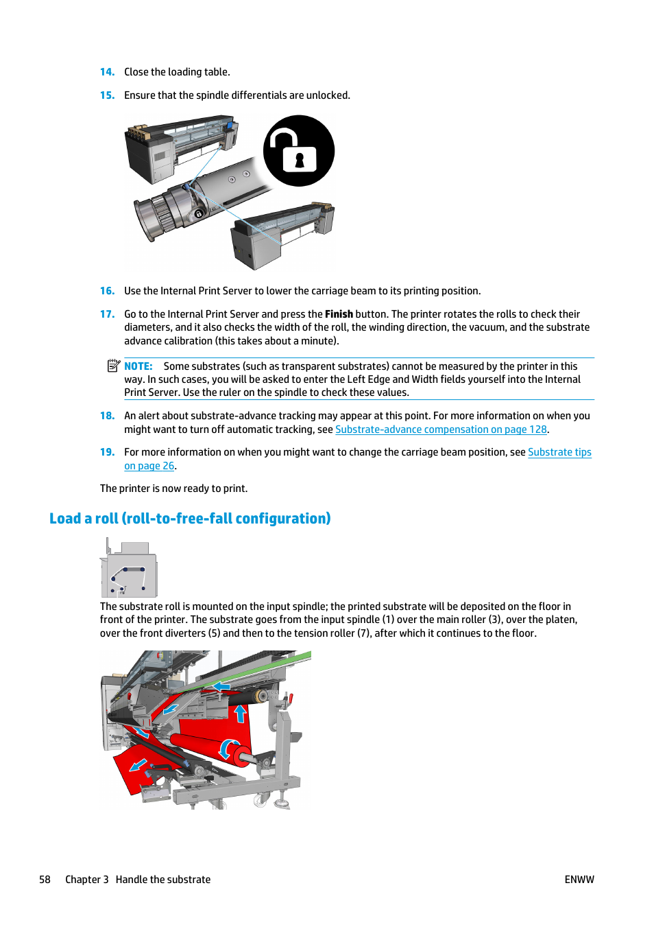 Load a roll (roll-to-free-fall configuration) | HP Latex 3000 Printer User Manual | Page 64 / 312
