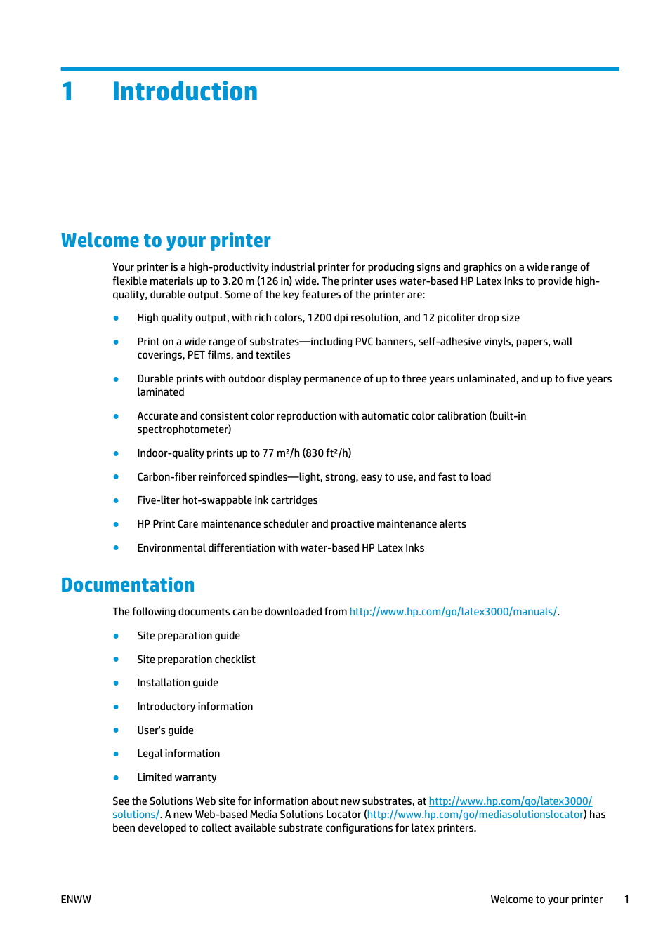 Introduction, Welcome to your printer, Documentation | 1 introduction, Welcome to your printer documentation, 1introduction | HP Latex 3000 Printer User Manual | Page 7 / 312