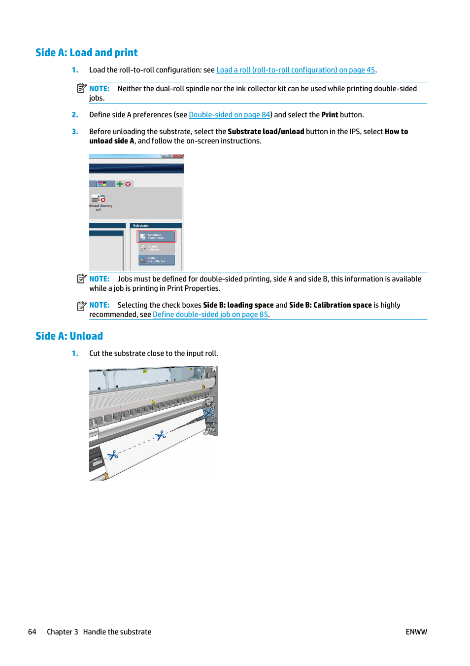 Side a: load and print, Side a: unload | HP Latex 3000 Printer User Manual | Page 70 / 312