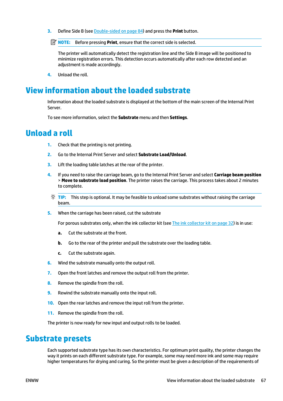 View information about the loaded substrate, Unload a roll, Substrate presets | HP Latex 3000 Printer User Manual | Page 73 / 312