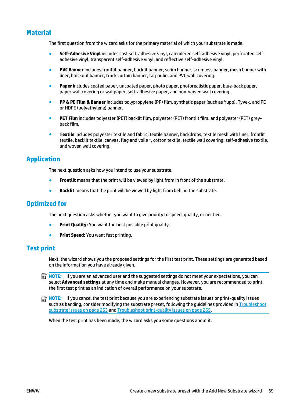Material, Application, Optimized for | Test print | HP Latex 3000 Printer User Manual | Page 75 / 312