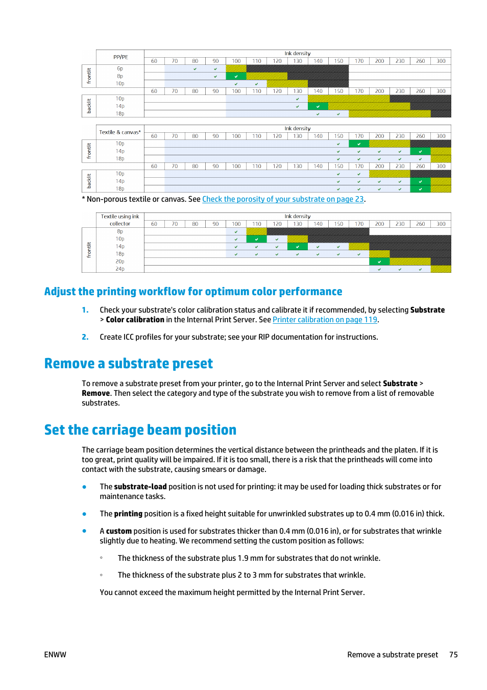 Remove a substrate preset, Set the carriage beam position, Position for others. see | Set the carriage beam | HP Latex 3000 Printer User Manual | Page 81 / 312