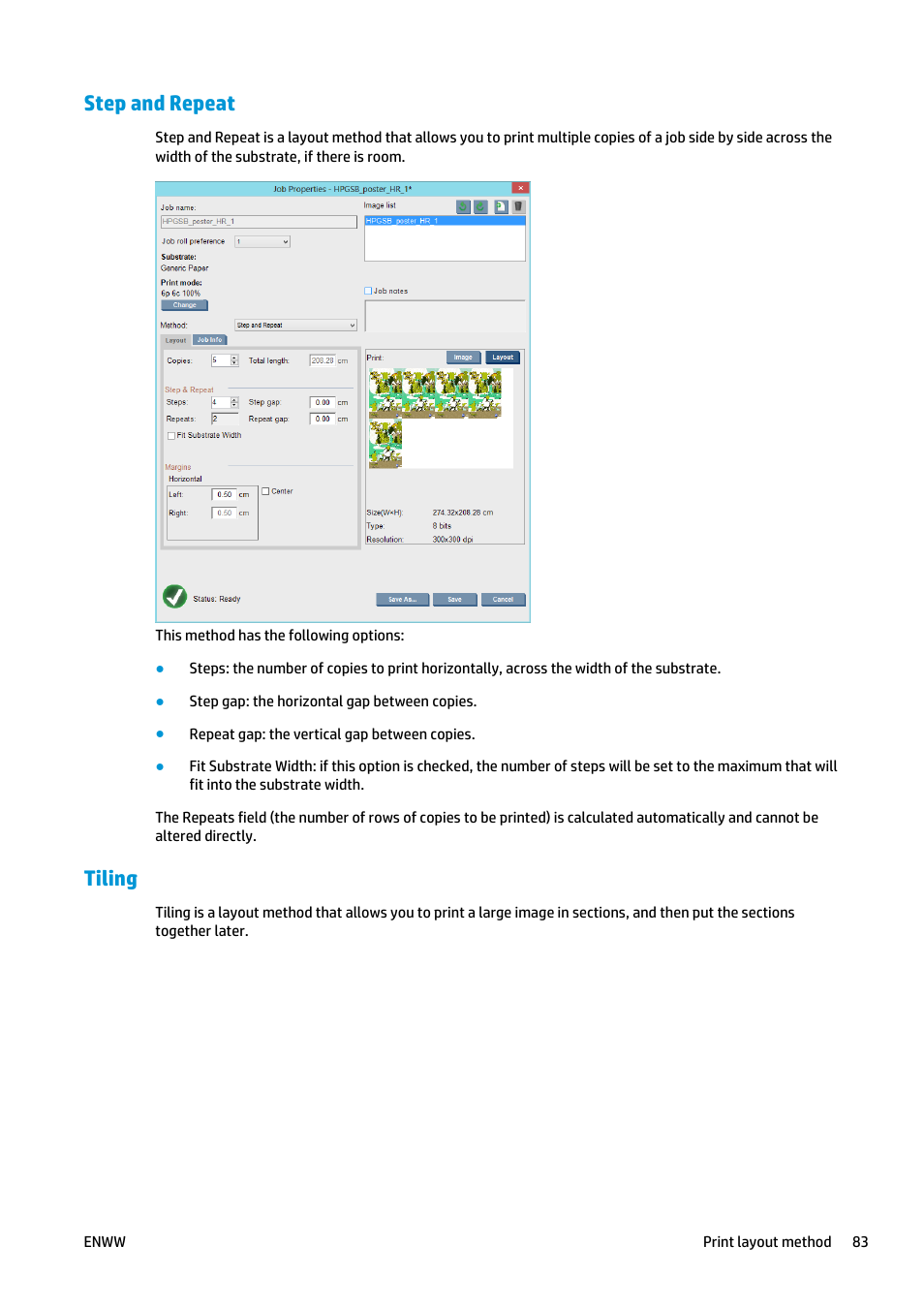 Step and repeat, Tiling, Substrate if there is room. see | HP Latex 3000 Printer User Manual | Page 89 / 312