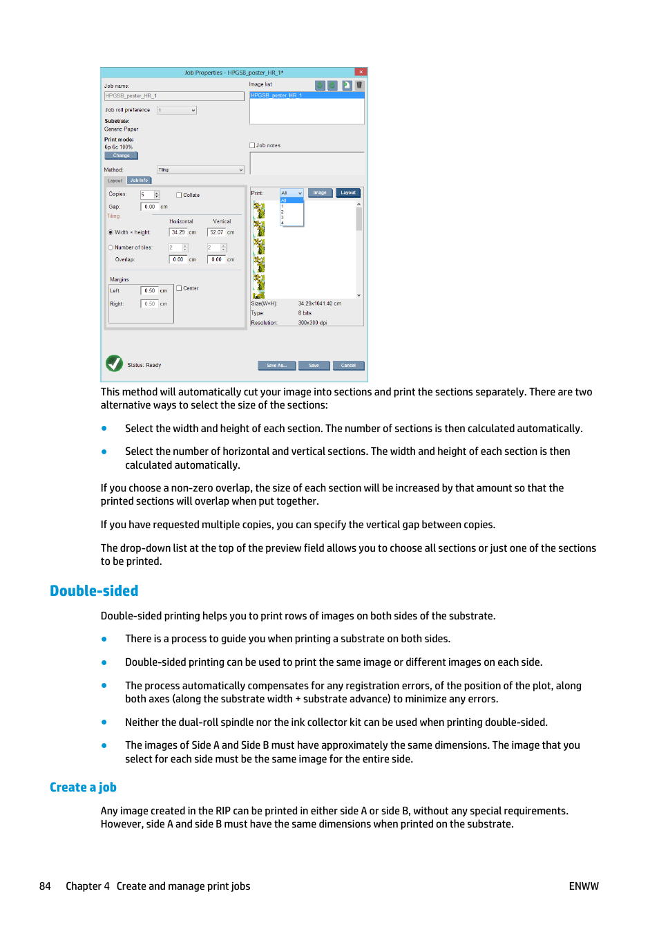 Double-sided, Create a job, Define side a preferences (see | And press the | HP Latex 3000 Printer User Manual | Page 90 / 312