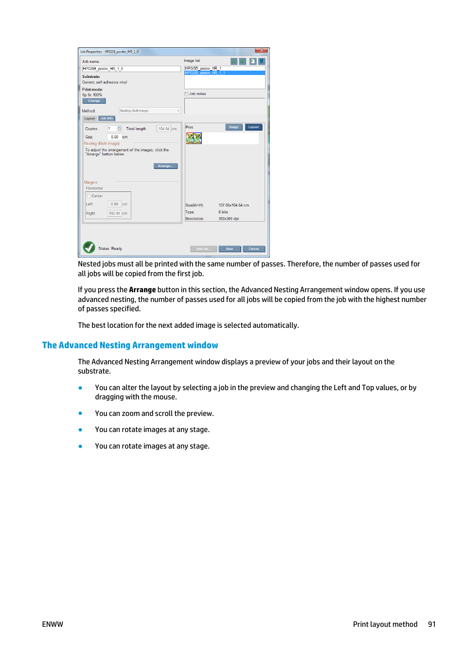 The advanced nesting arrangement window | HP Latex 3000 Printer User Manual | Page 97 / 312