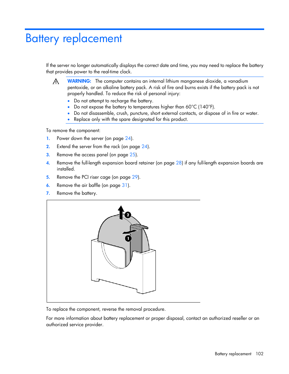 Battery replacement | HP ProLiant DL380 G7 Server User Manual | Page 102 / 127