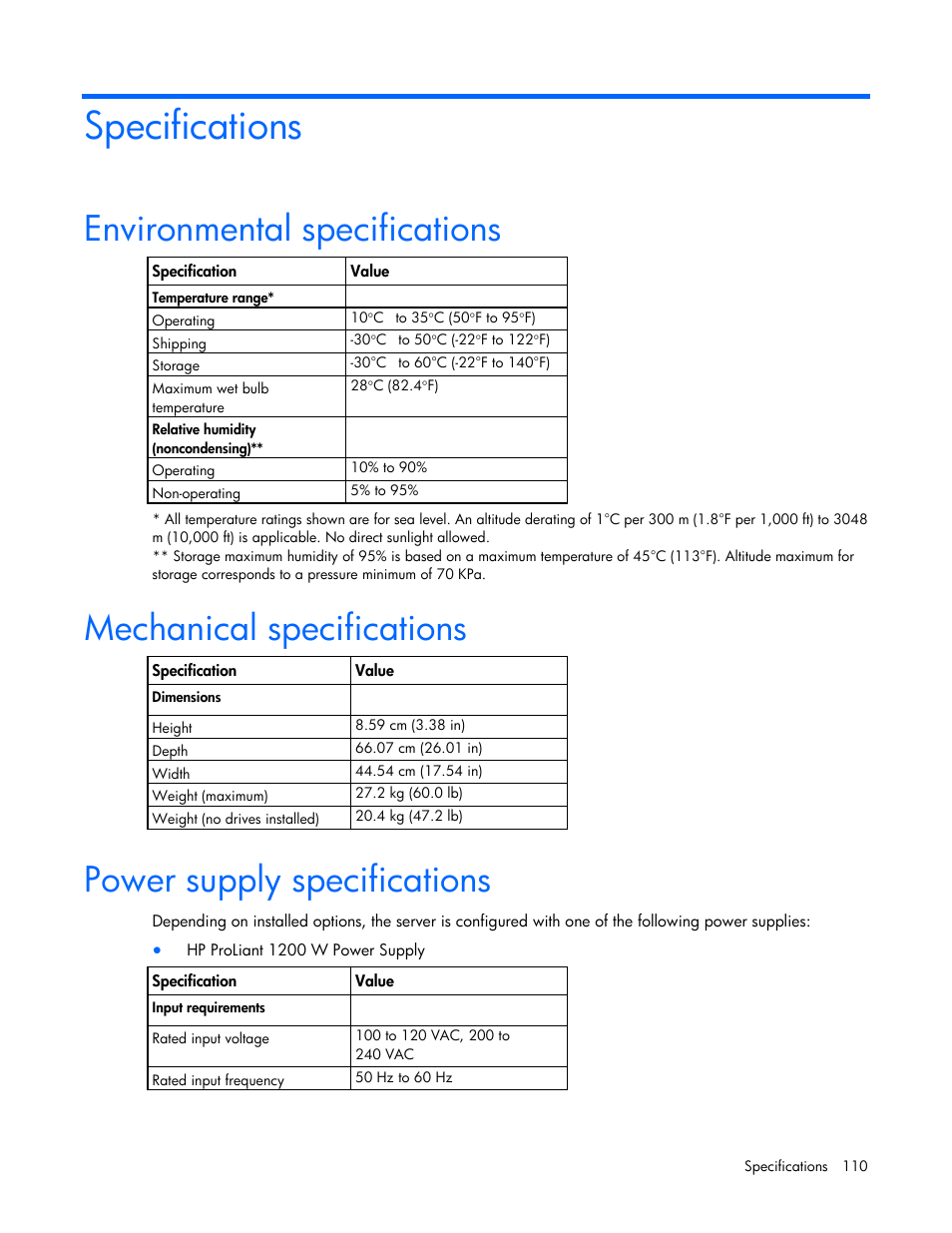 Specifications, Environmental specifications, Mechanical specifications | Power supply specifications | HP ProLiant DL380 G7 Server User Manual | Page 110 / 127