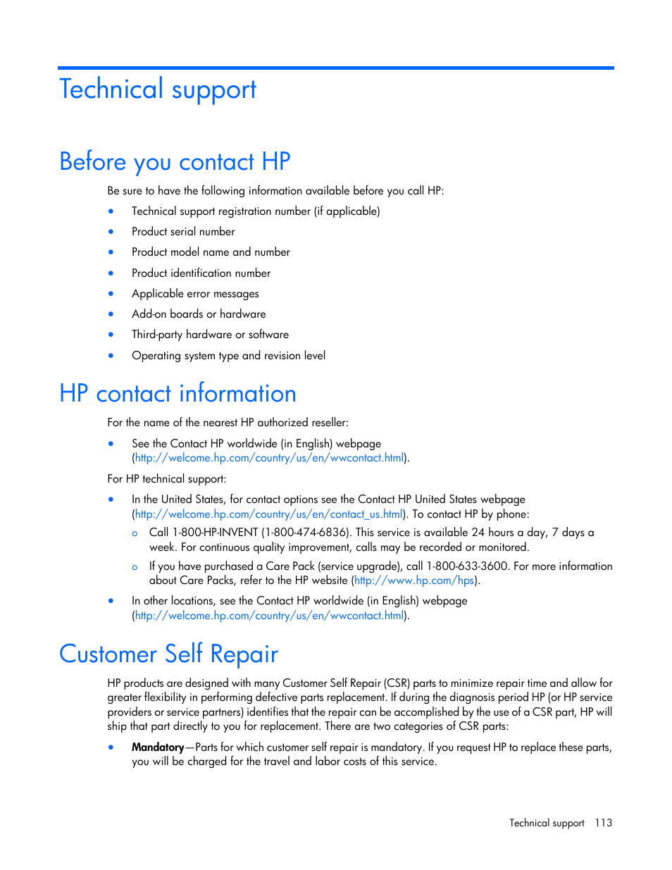 Technical support, Before you contact hp, Hp contact information | Customer self repair | HP ProLiant DL380 G7 Server User Manual | Page 113 / 127