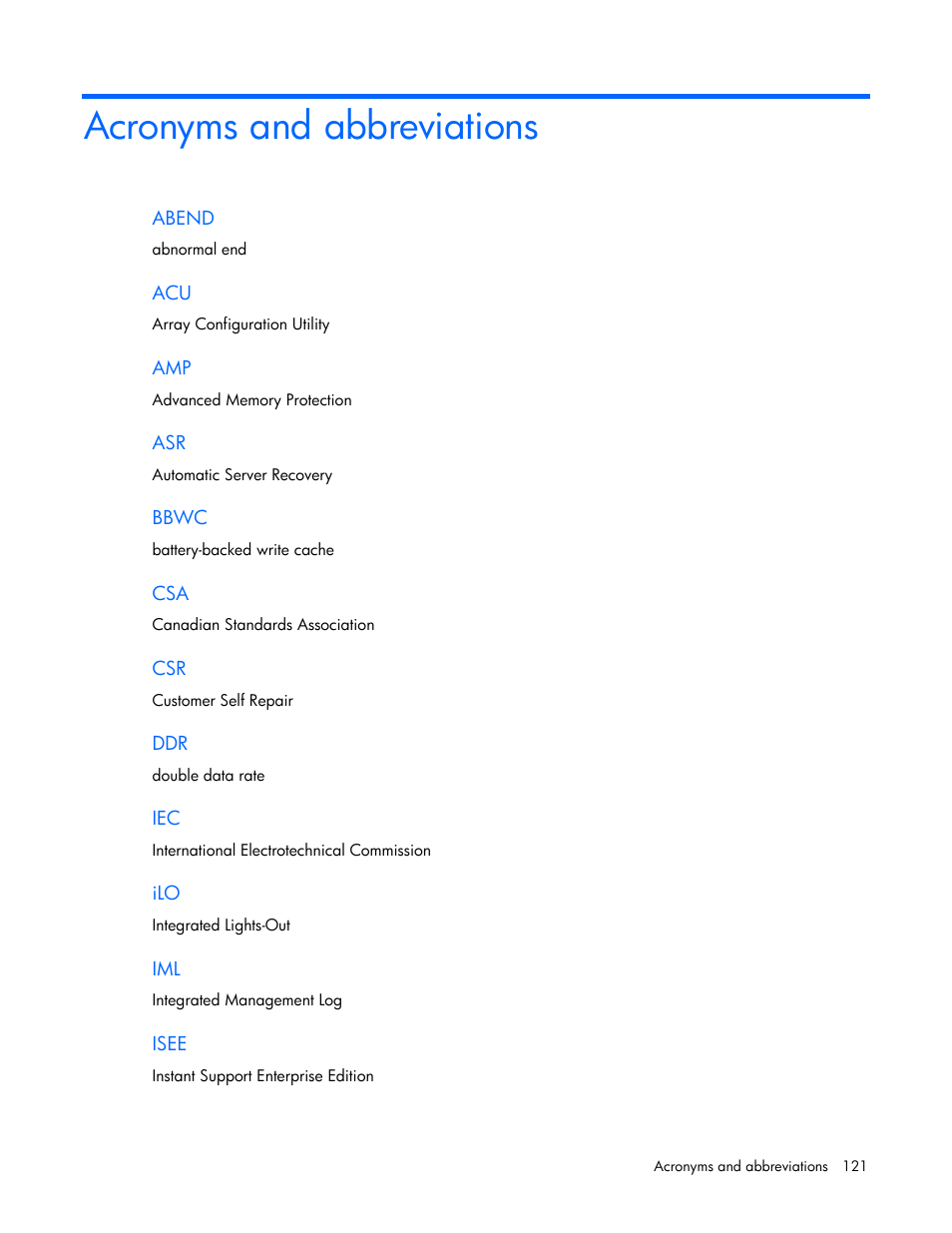 Acronyms and abbreviations | HP ProLiant DL380 G7 Server User Manual | Page 121 / 127