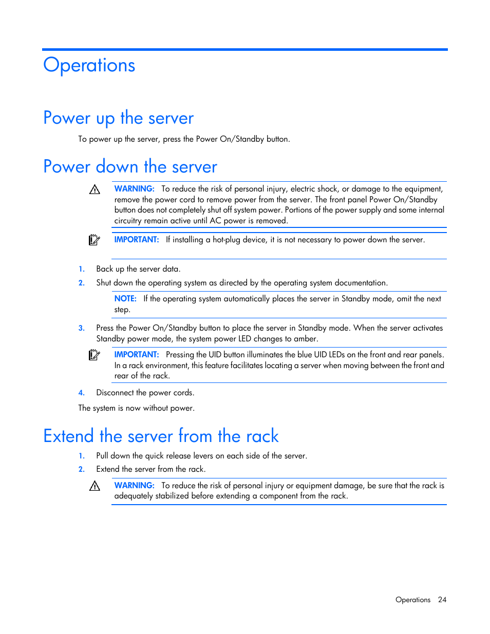 Operations, Power up the server, Power down the server | Extend the server from the rack | HP ProLiant DL380 G7 Server User Manual | Page 24 / 127