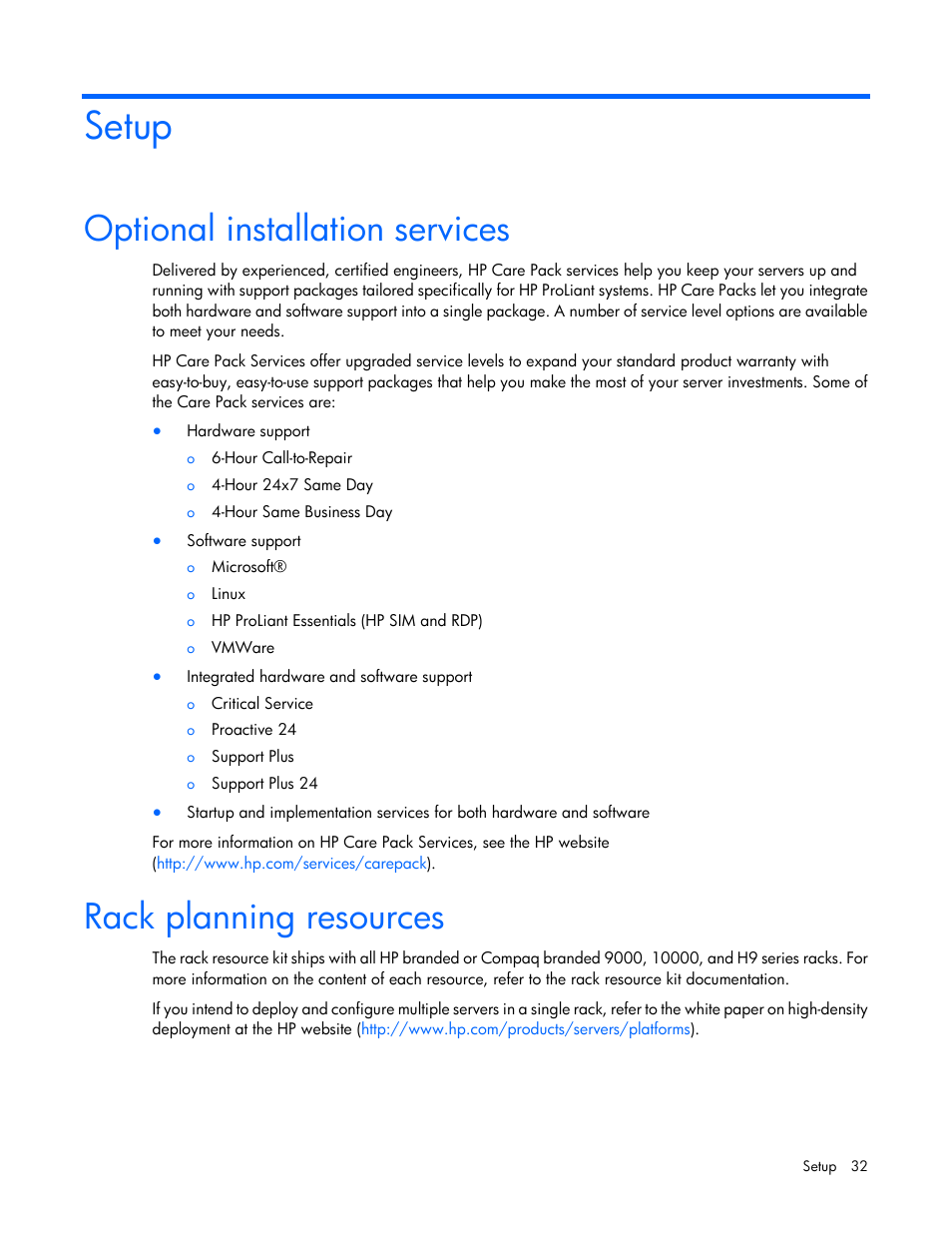 Setup, Optional installation services, Rack planning resources | HP ProLiant DL380 G7 Server User Manual | Page 32 / 127