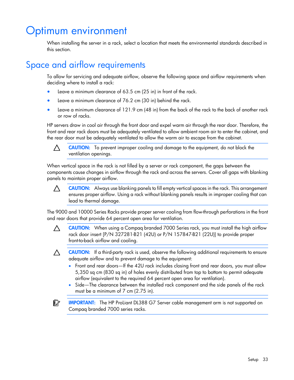 Optimum environment, Space and airflow requirements | HP ProLiant DL380 G7 Server User Manual | Page 33 / 127